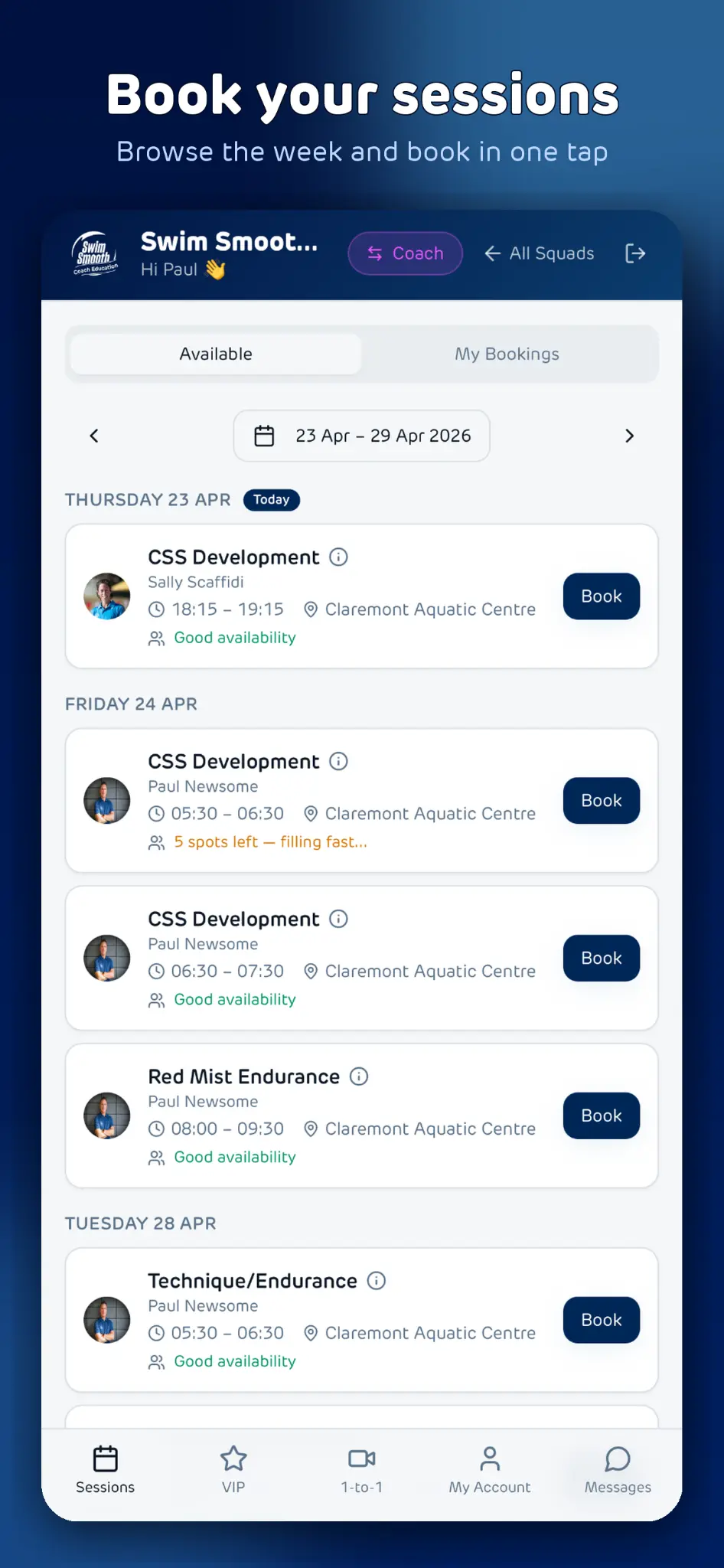 SwimCoachHQ™ Sessions screen