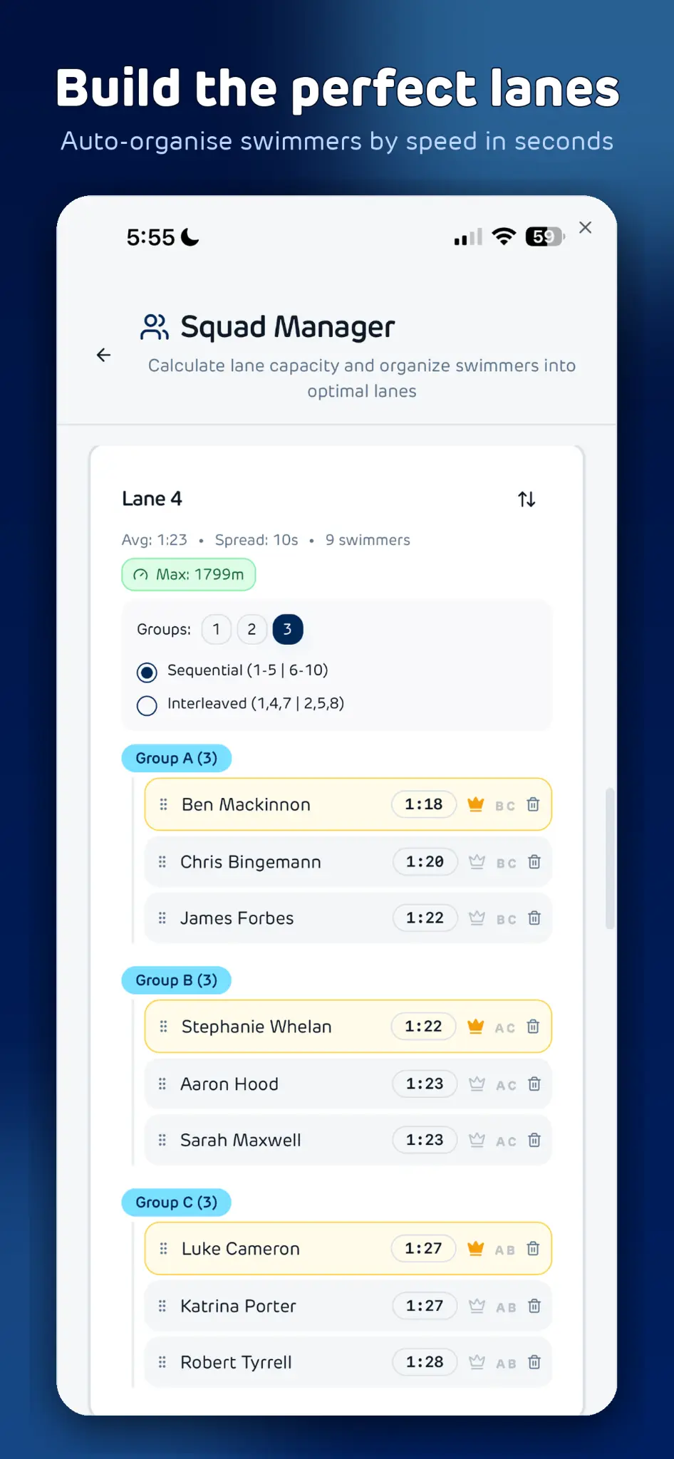 SwimCoachHQ™ Squad manager screen