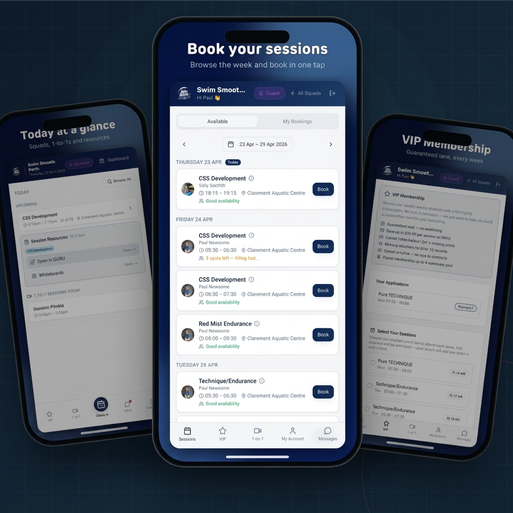 SwimCoachHQ™ app on iPhone — Today, Book Sessions and VIP Membership screens