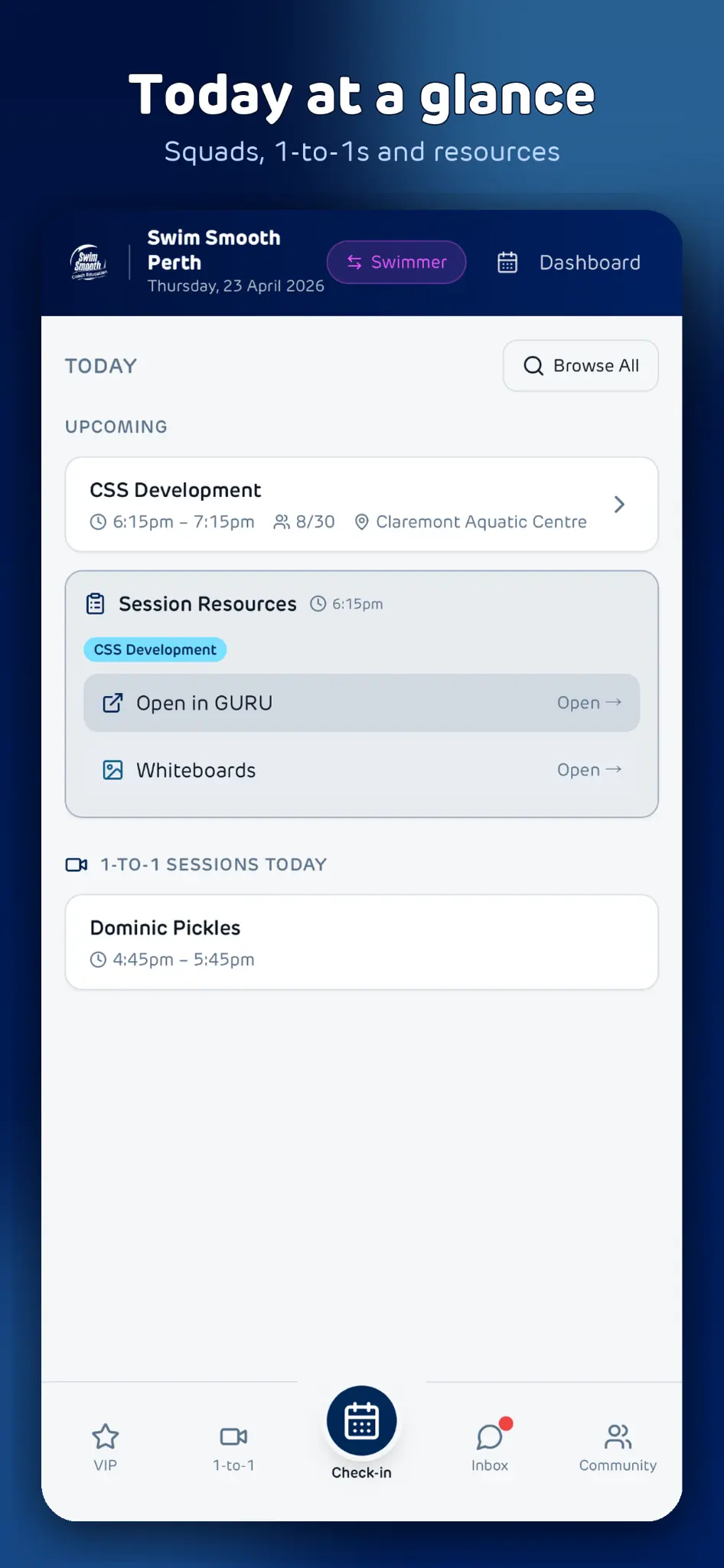 SwimCoachHQ™ Today screen