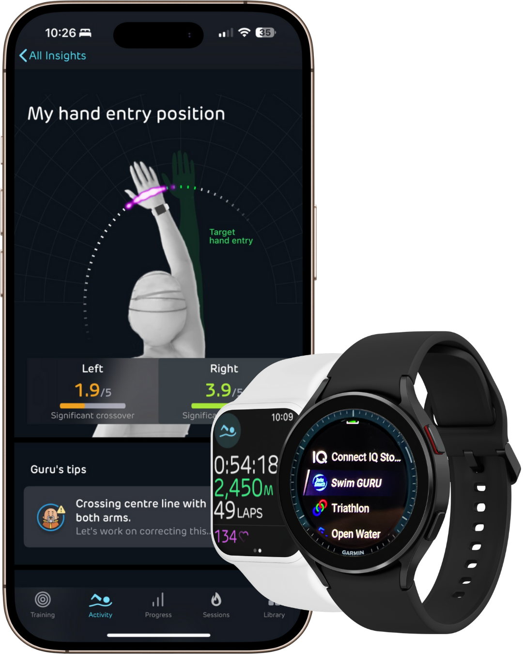iPhone and Garmin watch showing Swim Smooth GURU app