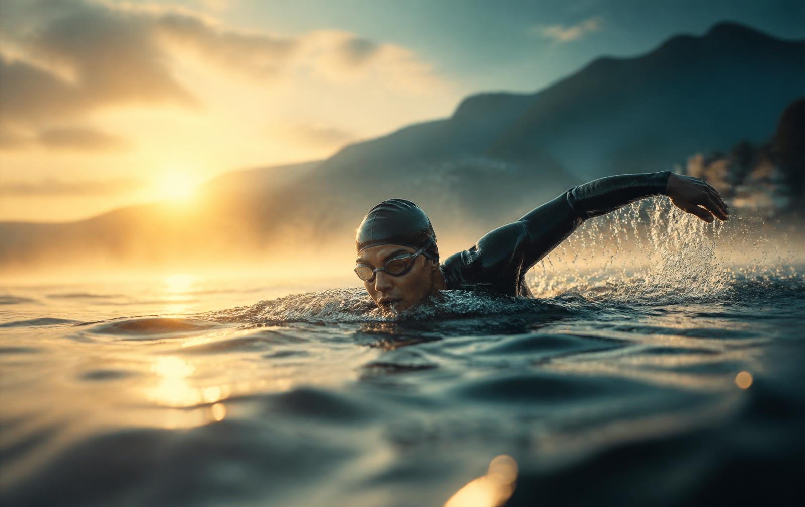 Open water swimmer sighting forward at sunrise